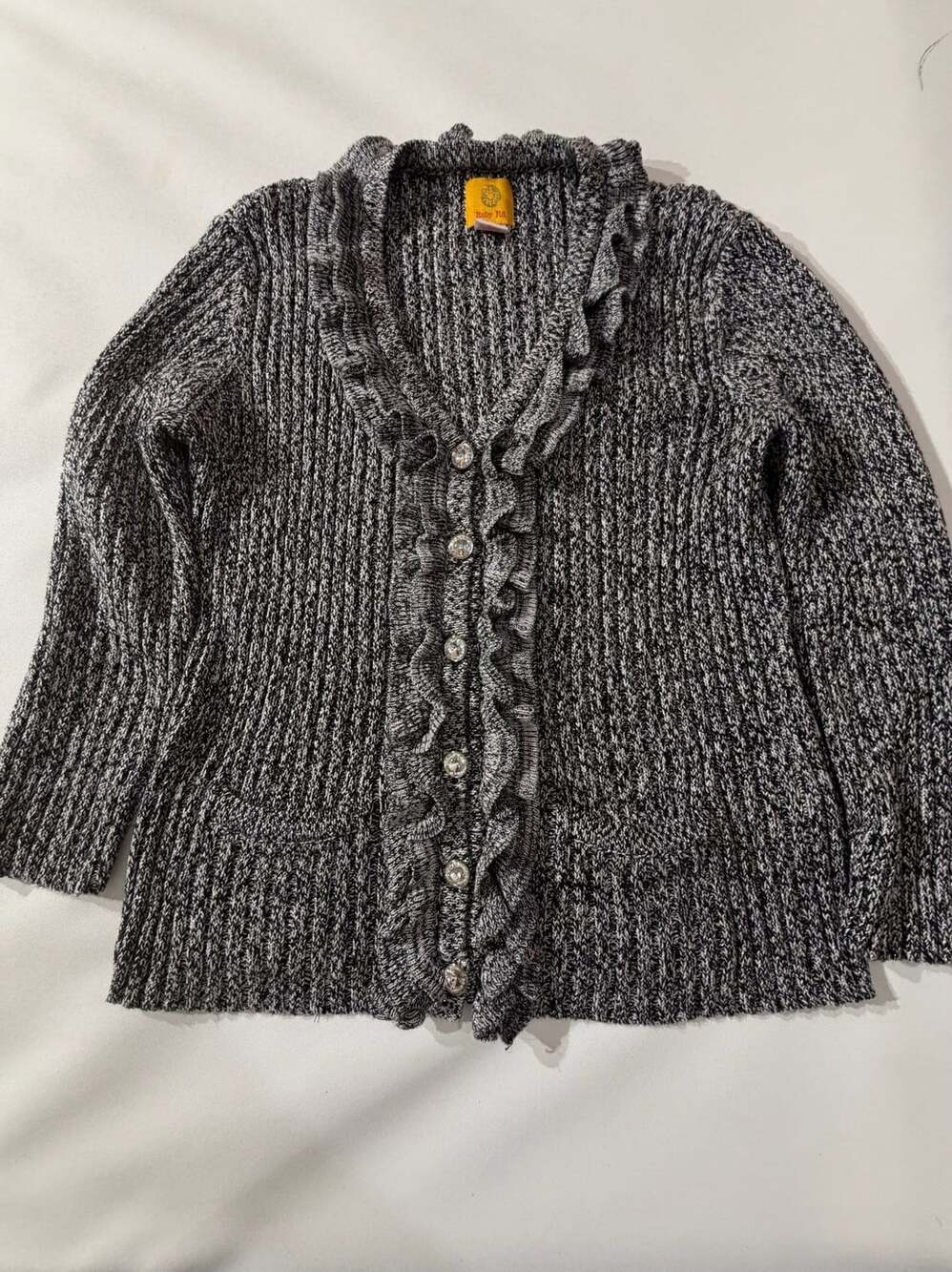 Ruby Rd Womens XL Metallic Knit Ruffle Button Front Cardigan Sweater Grey